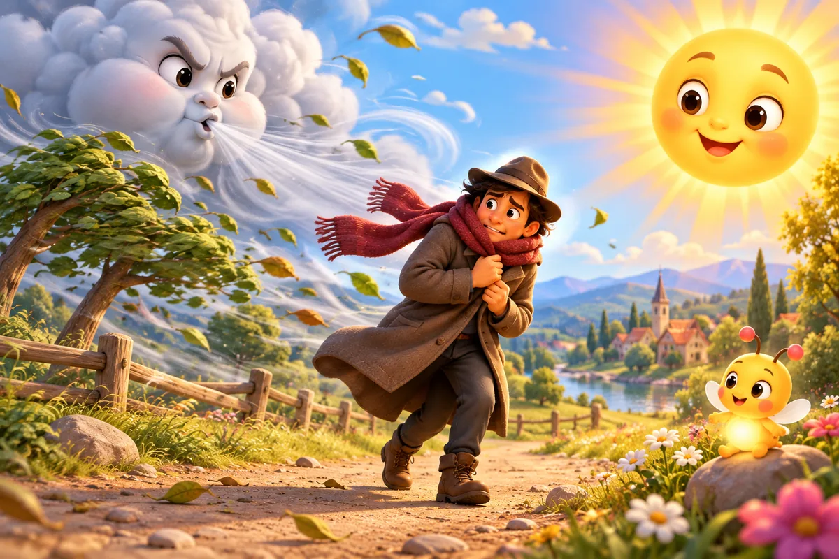 The North Wind, a puffy cloud, blows at a traveller holding his coat tight while the smiling Sun shines and Pip the firefly watches