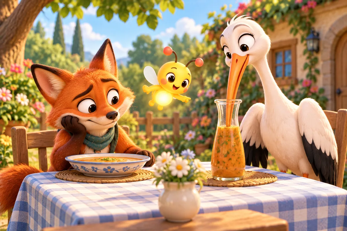 The stork drinks soup from a tall narrow jar while the fox looks on at a garden dinner table, with Pip the firefly nearby