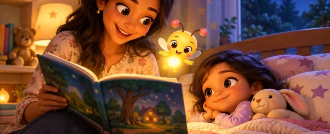A parent reads a picture book to a sleepy child in bed at night while Pip the firefly glows like a night light