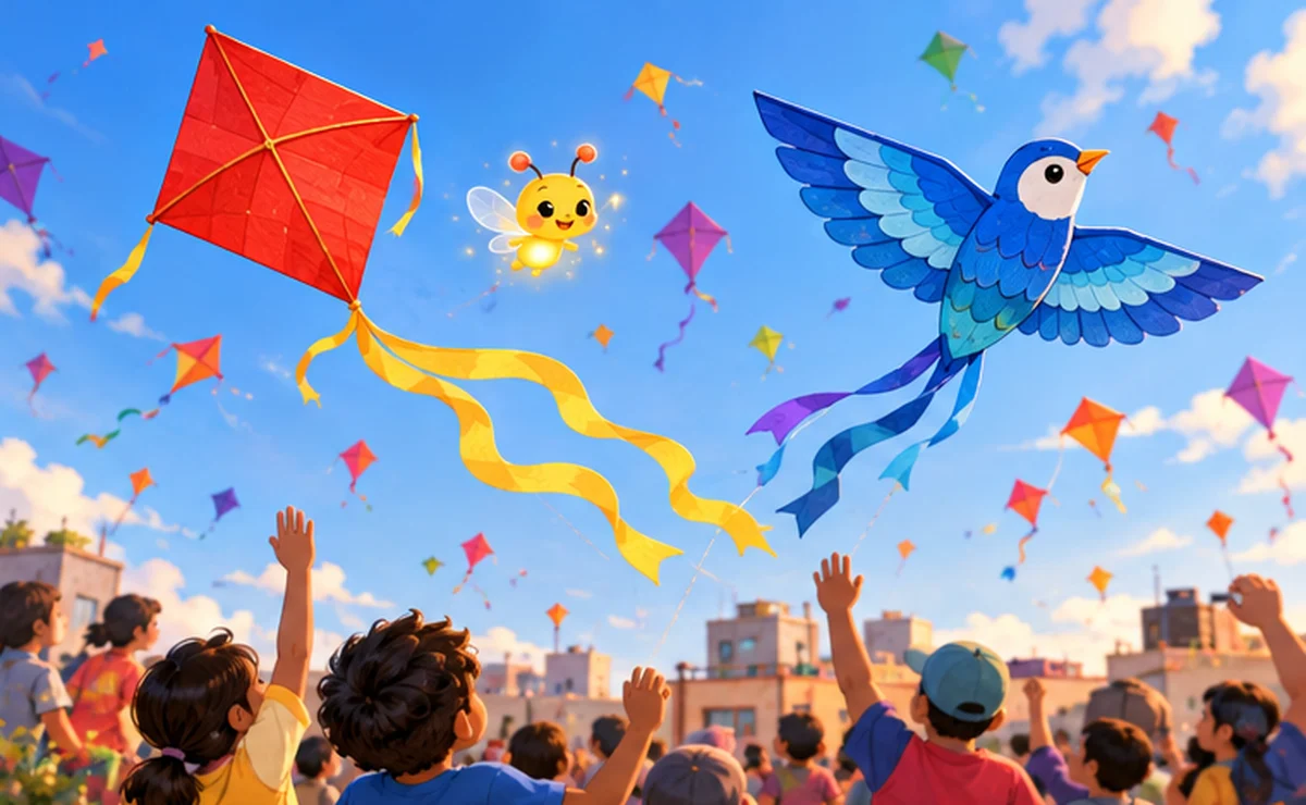 Rohan's red kite and Sam's blue bird-shaped kite fly high above a crowd at the festival