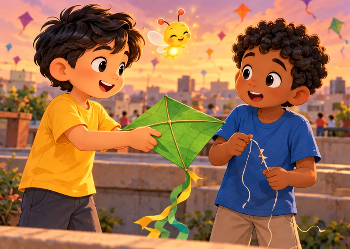 Rohan gives his spare green kite to Sam, who looks surprised and grateful