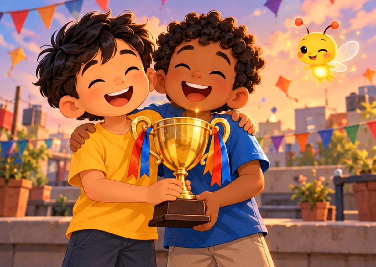 Rohan and Sam hold the golden trophy together, both smiling