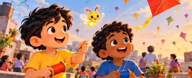 Two boys, Rohan and Sam, fly colourful kites together on a rooftop at a kite festival while Pip the firefly glows beside them