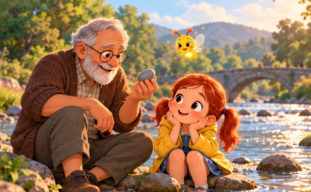 Grandpa and Lily sit by a river as Grandpa gives her a smooth grey stone