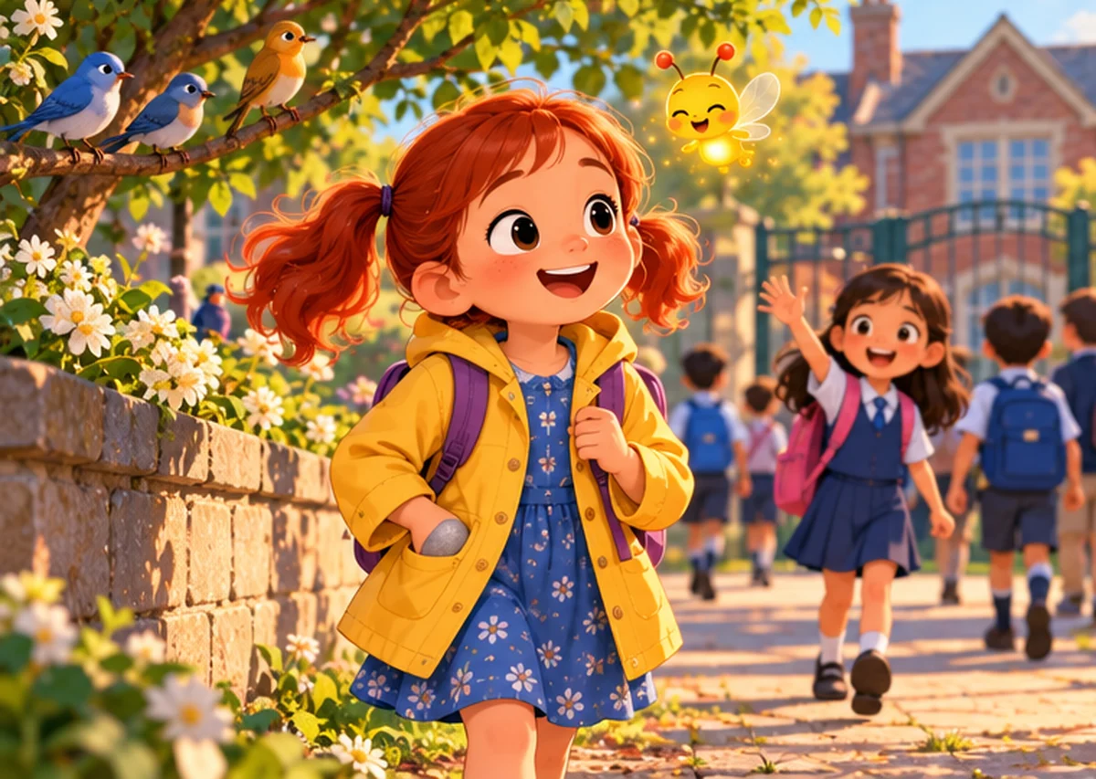 Lily walks to school smiling, holding the thank-you stone, as birds sing and a friend waves