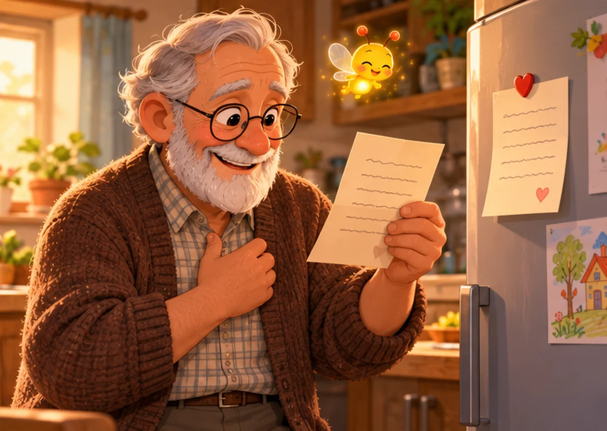 Grandpa reads Lily's letter with a big smile and sticks it on his fridge