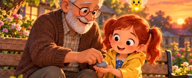 Grandpa places a smooth grey stone in Lily's hand on a garden bench at sunset while Pip the firefly glows nearby
