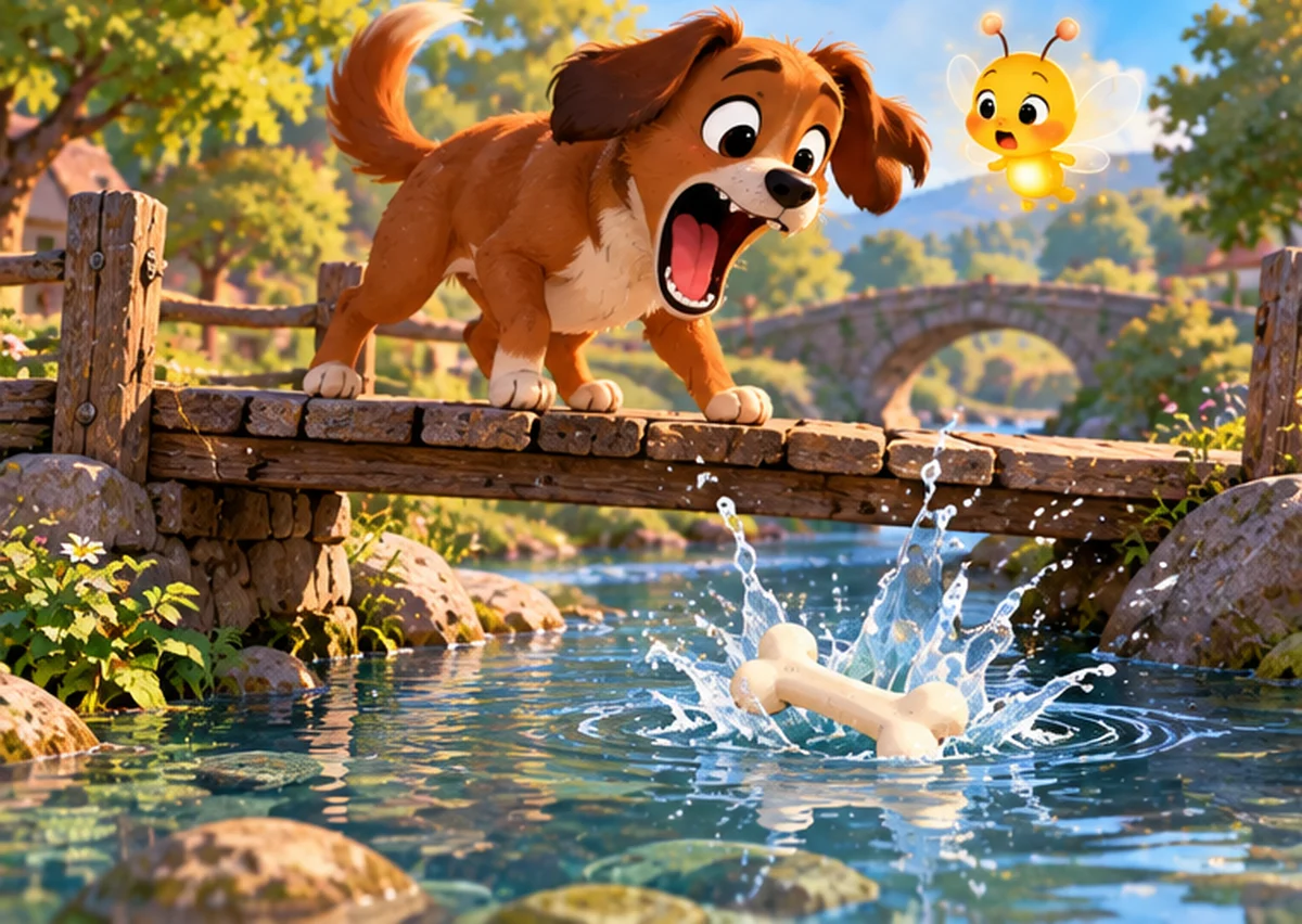 Bruno barks at the water as his bone falls from his mouth and splashes into the river