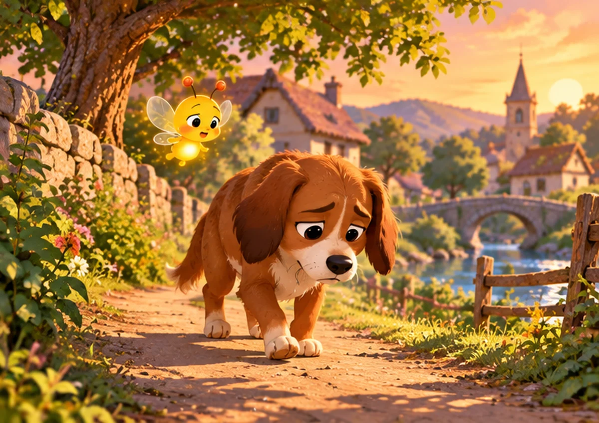 Bruno walks home slowly with his tail down and no bone, looking sad