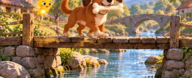 A brown dog carries a big bone in his mouth across a small wooden bridge over a river while Pip the firefly glows nearby