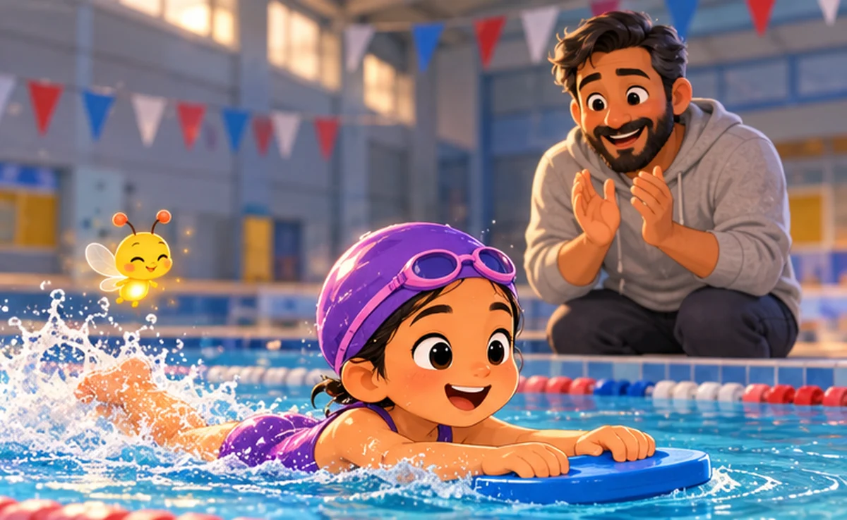 Zara holds a float and kicks hard across the pool while her father cheers from the side