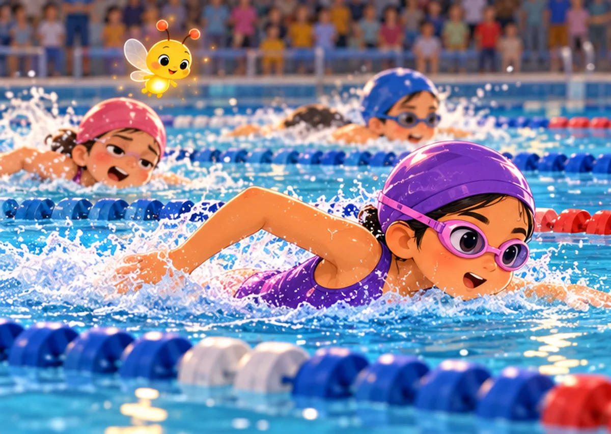 Zara swims steadily past tired swimmers in the school swimming race