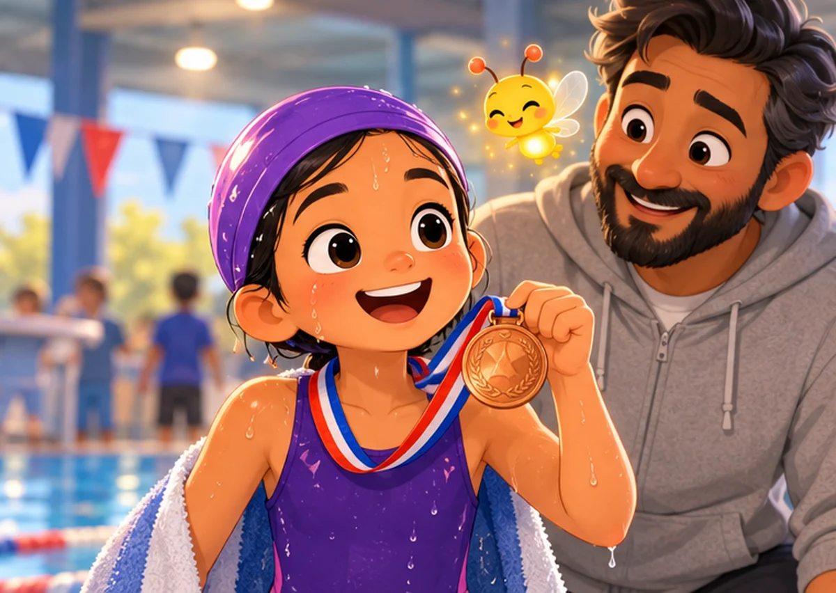 Zara proudly holds up her bronze medal beside the pool, dripping wet and smiling