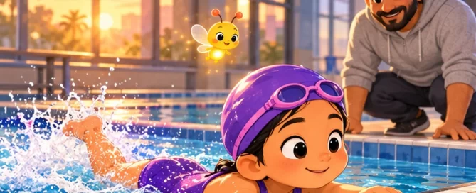 Zara, a girl in a swimming cap, practises kicking at the edge of a pool early in the morning while Pip the firefly glows above the water