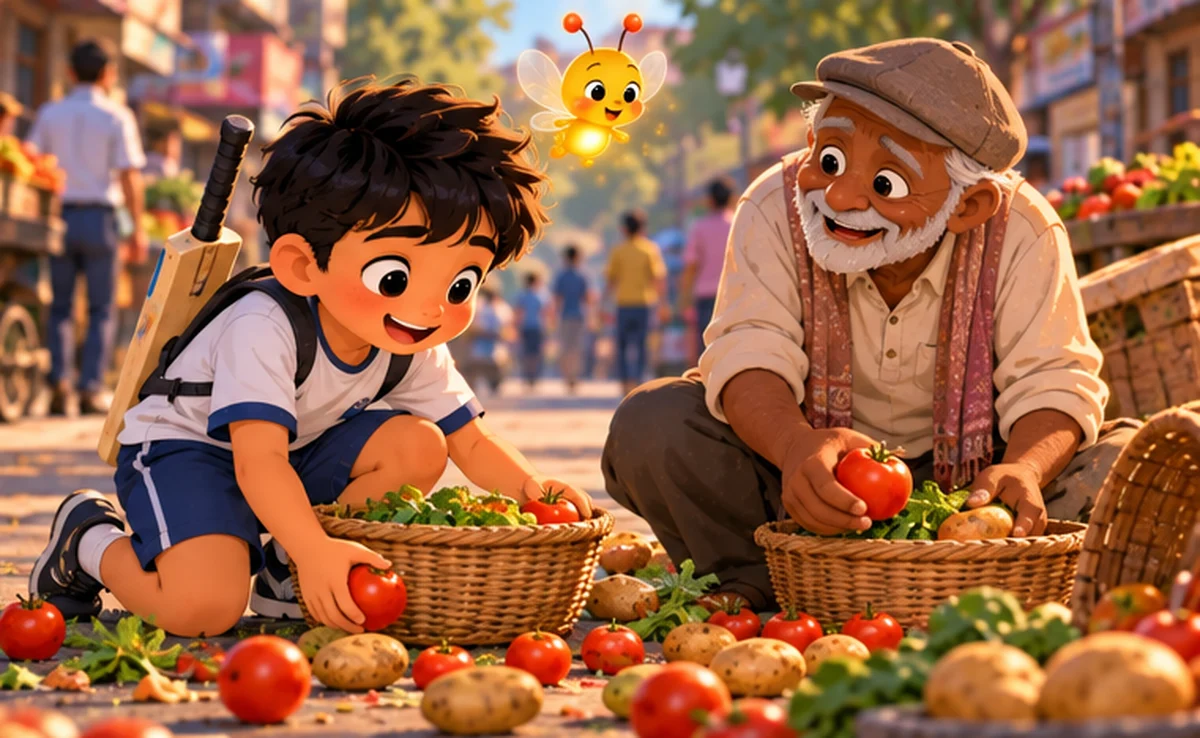 Arjun kneels in the road picking up rolling tomatoes and potatoes for the old vegetable seller