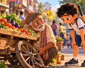 Arjun, a boy with a cricket bat on his back, stops beside an old man whose vegetable cart has a broken wheel, while Pip the firefly glows nearby