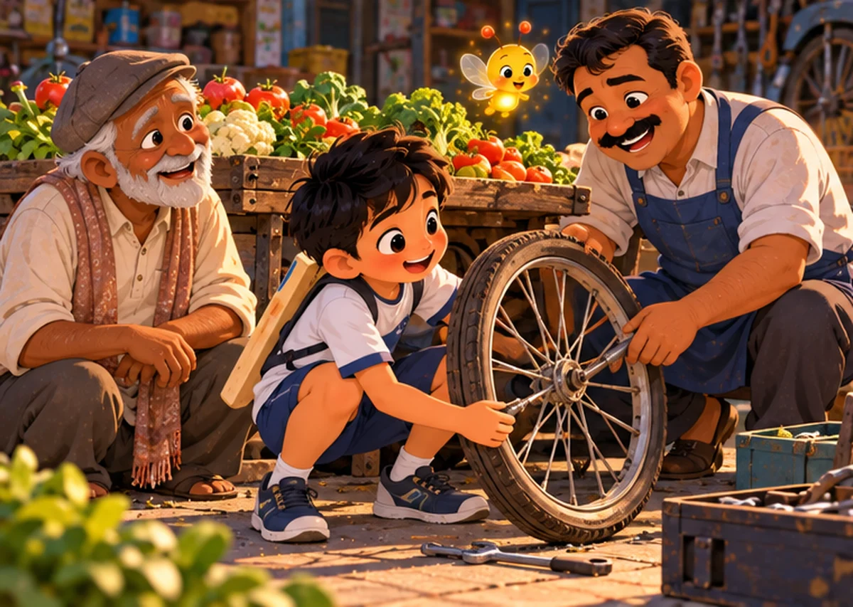 Arjun and the bicycle shop owner fit a new wheel on the vegetable cart while the old man smiles