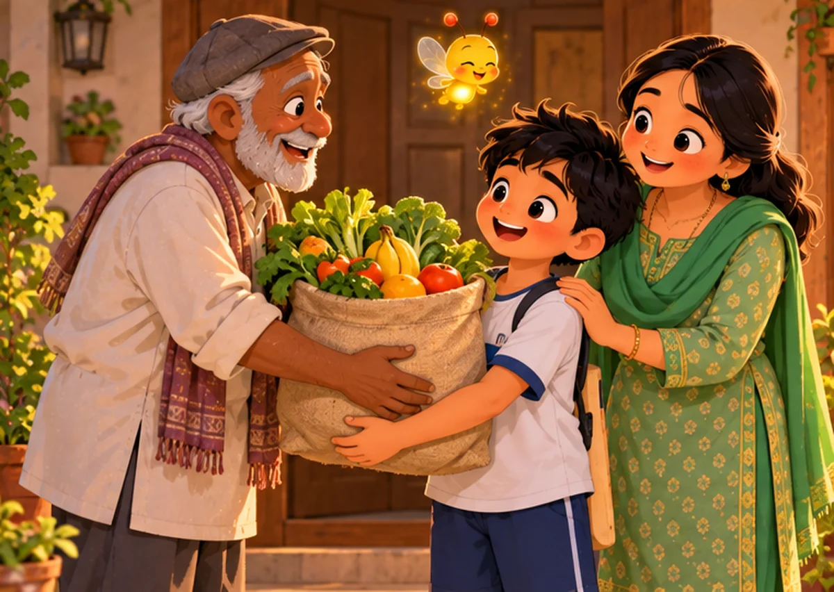 The old vegetable seller hands a big bag of fruit to Arjun and his mother at their door