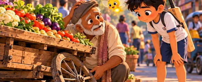 Arjun, a boy with a cricket bat on his back, stops beside an old man whose vegetable cart has a broken wheel, while Pip the firefly glows nearby