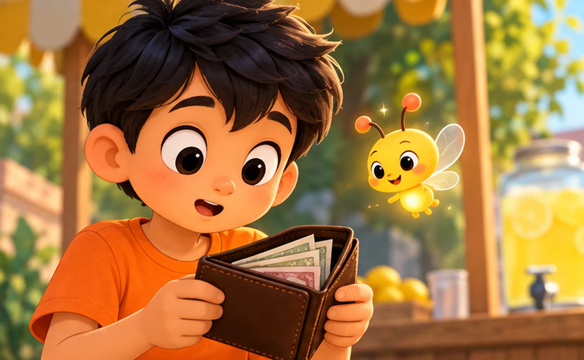 Kiran opens a brown wallet and stares at the money inside, his lemonade stall behind him