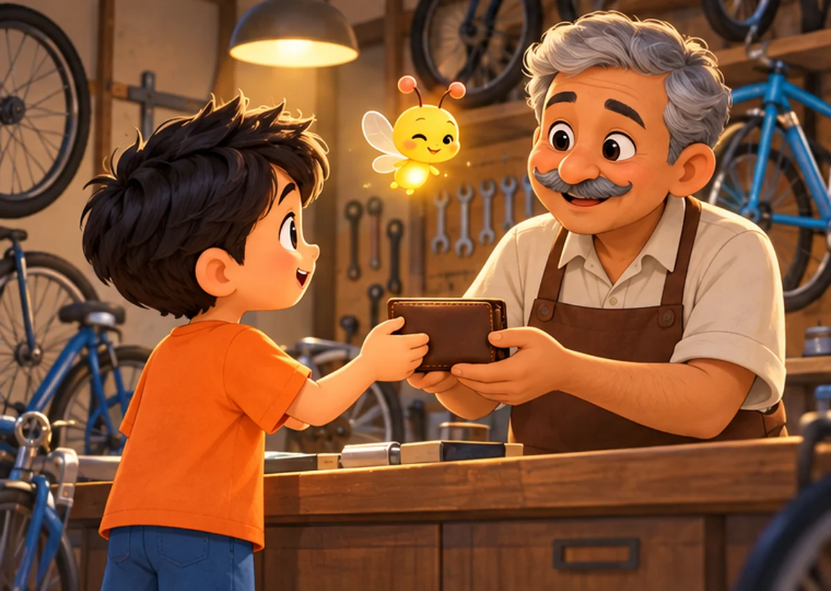 Mr. Das, the cycle shop owner, smiles with relief as Kiran hands him the lost wallet