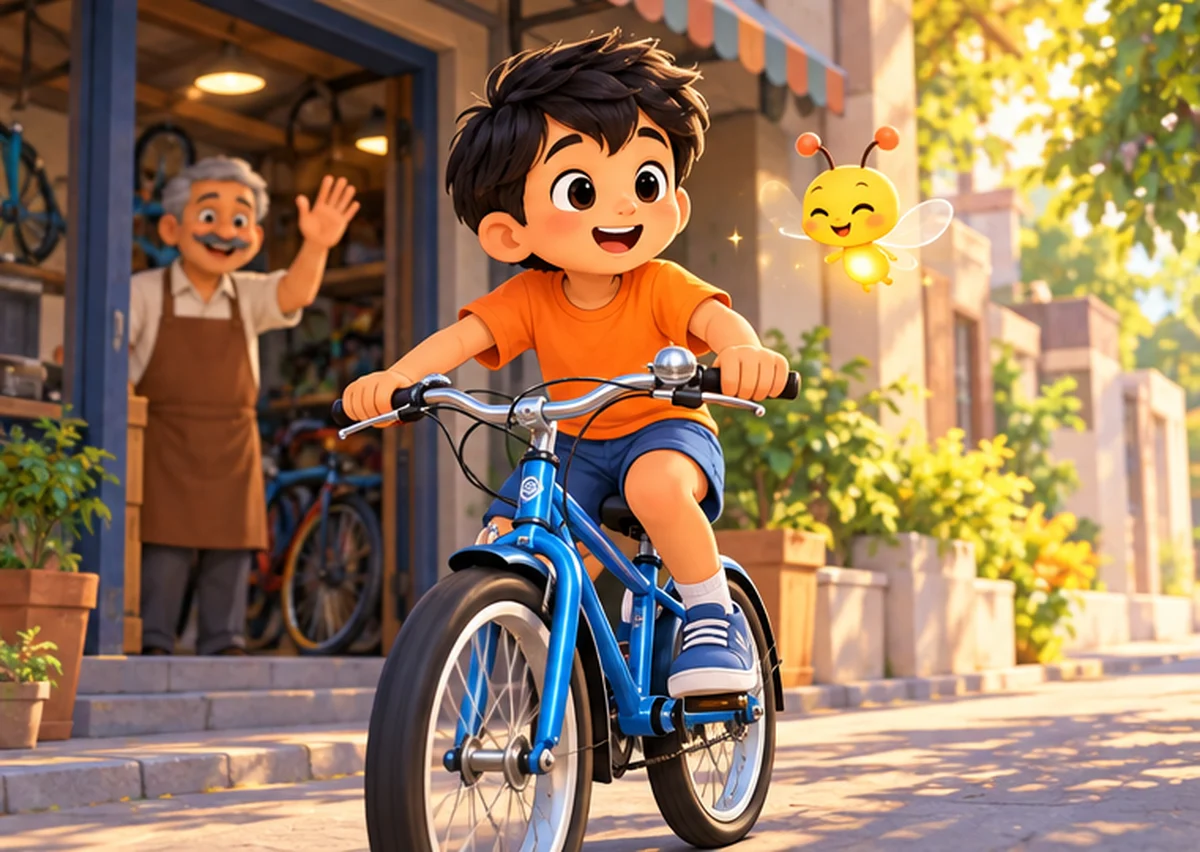 Kiran rides the blue bicycle with a silver bell out of the cycle shop while Mr. Das waves