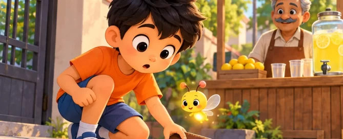 Kiran bends to pick up a brown wallet on the pavement near his lemonade stall while Pip the firefly glows beside him