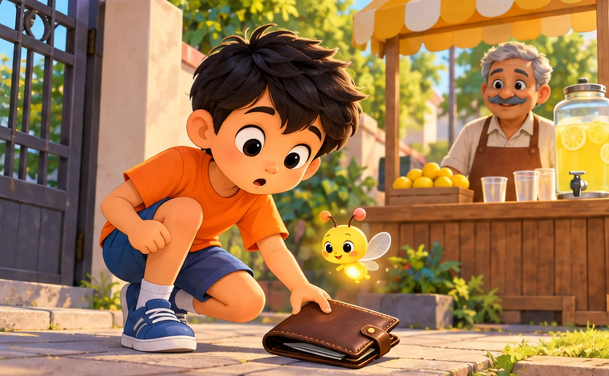 Kiran bends to pick up a brown wallet on the pavement near his lemonade stall while Pip the firefly glows beside him