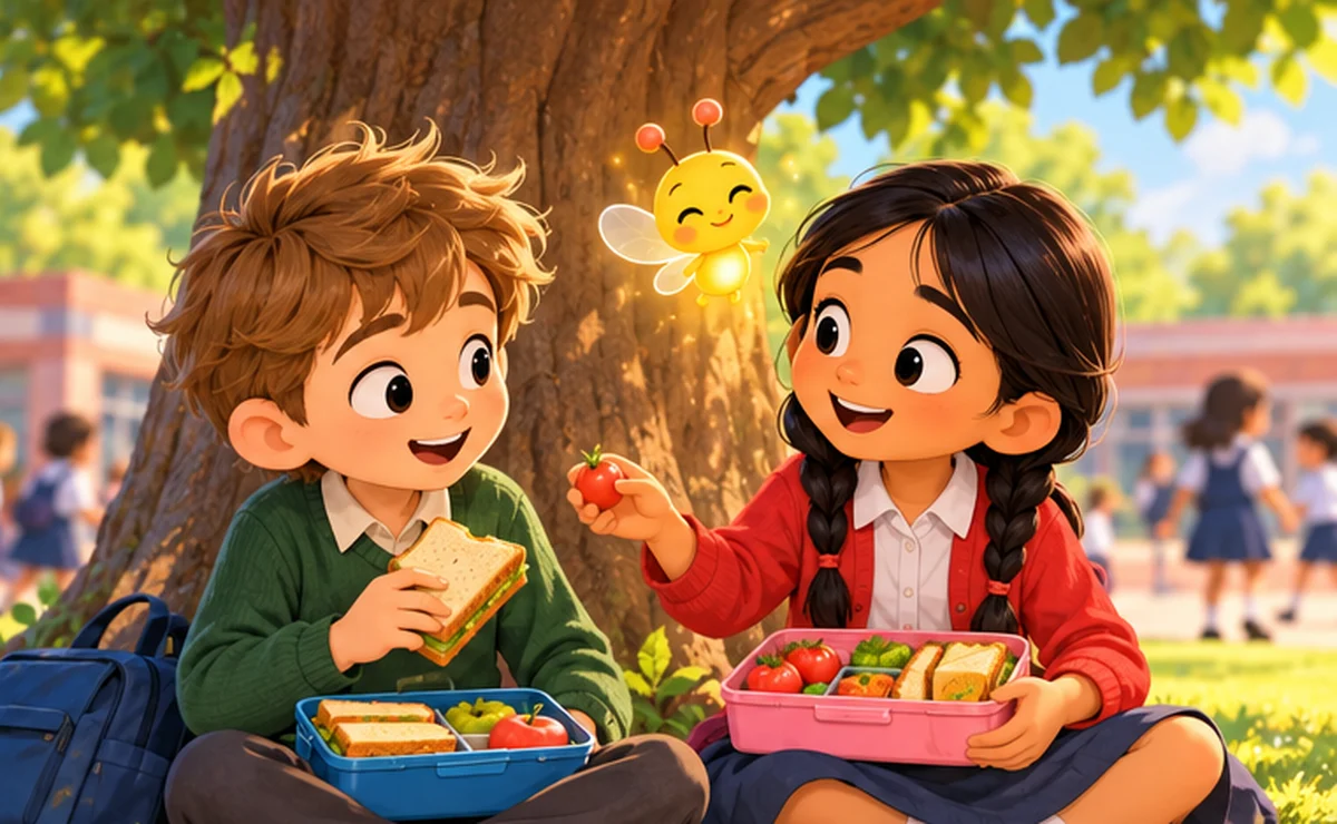 Anya and Leo share food from their lunch boxes under the neem tree