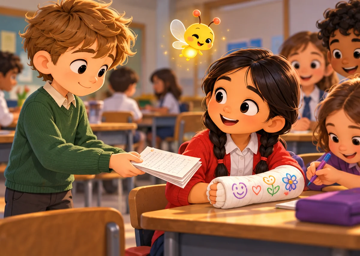 Leo hands Anya neatly copied notes while classmates draw smiley faces on her arm cast
