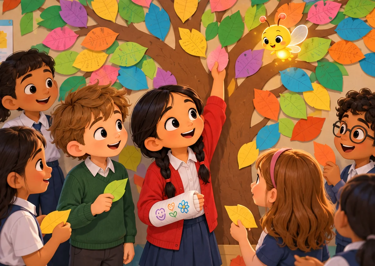 A classroom wall covered with a big paper tree full of colourful kindness leaves