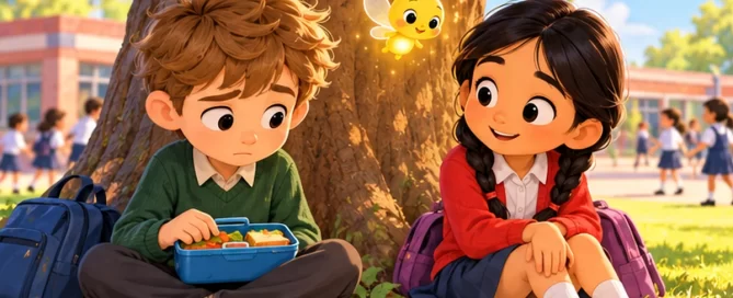 Anya sits down next to a shy new boy eating lunch alone under a school tree while Pip the firefly glows nearby