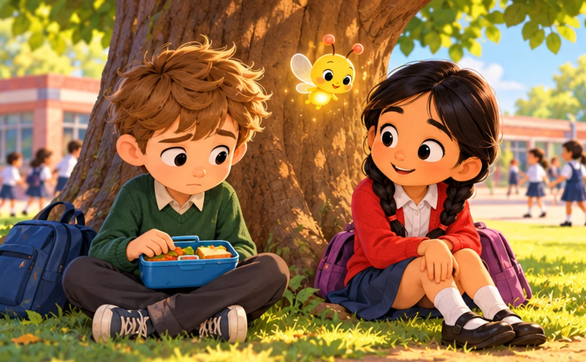 Short Story on Kindness for Kids (With Moral) Anya sits down next to a shy new boy eating lunch alone under a school tree while Pip the firefly glows nearby