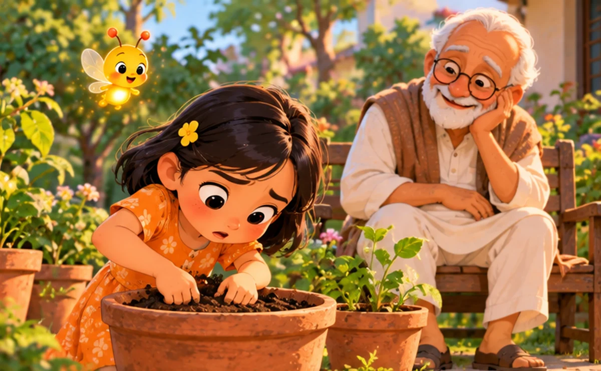Mira digs into the pot with her fingers to check on the seed while Grandpa watches from a bench