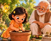 Mira, a young girl, pats the soil after planting a mango seed in a clay pot while Grandpa and Pip the firefly watch