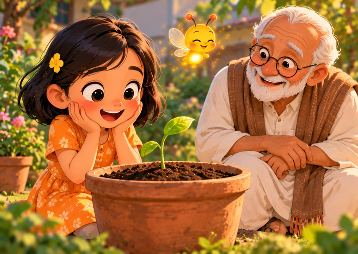 A tiny green shoot with one leaf peeks out of the soil as Mira gasps with joy