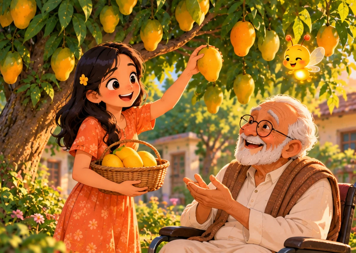 Mira, now older, picks a golden mango from her tall tree and offers it to Grandpa