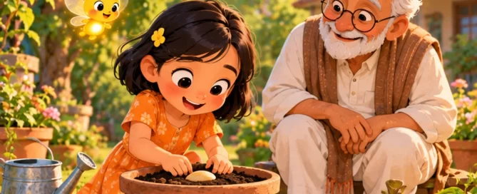 Mira, a young girl, pats the soil after planting a mango seed in a clay pot while Grandpa and Pip the firefly watch
