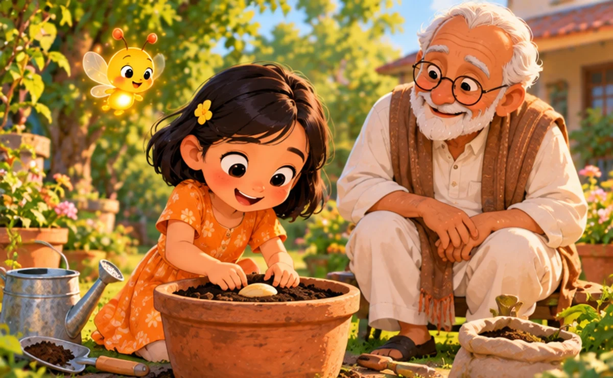 Short Story on Patience for Kids (With Moral) Mira, a young girl, pats the soil after planting a mango seed in a clay pot while Grandpa and Pip the firefly watch