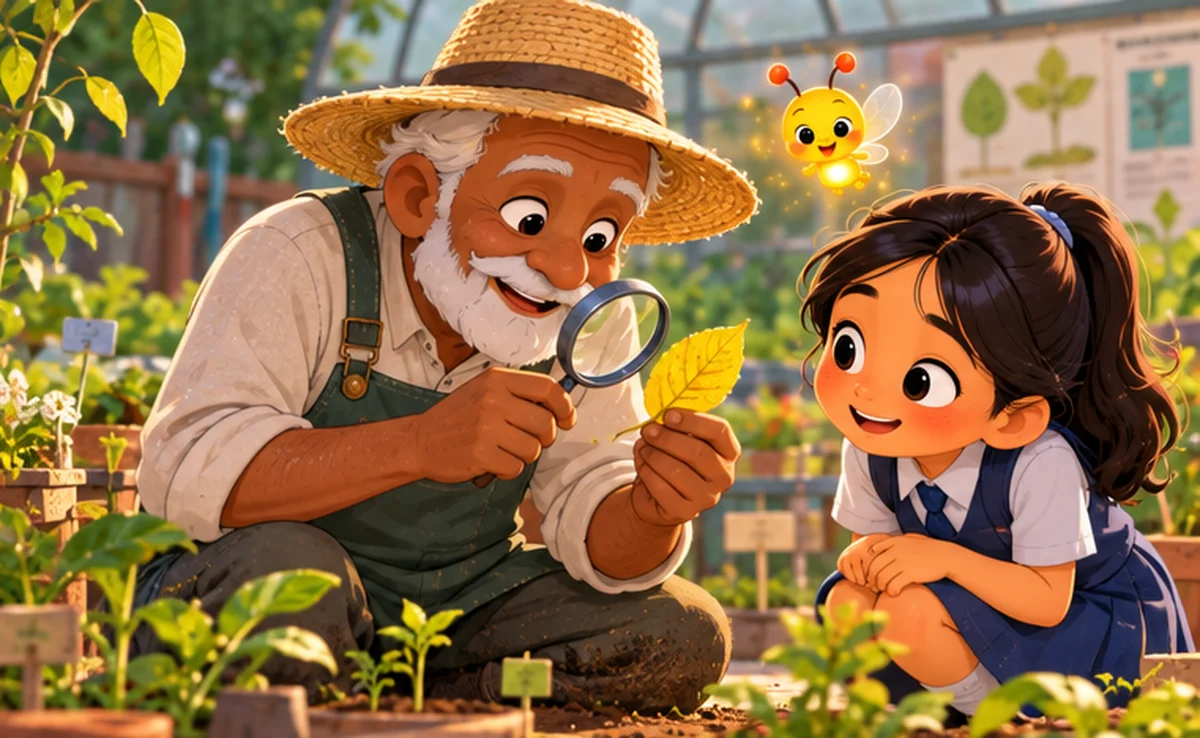 Mr. Joseph kneels in the science garden, studying a yellow leaf, while Riya watches