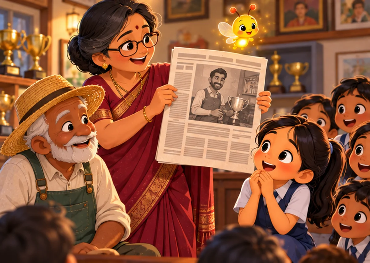 The principal holds up an old newspaper showing a young Mr. Joseph receiving a science prize