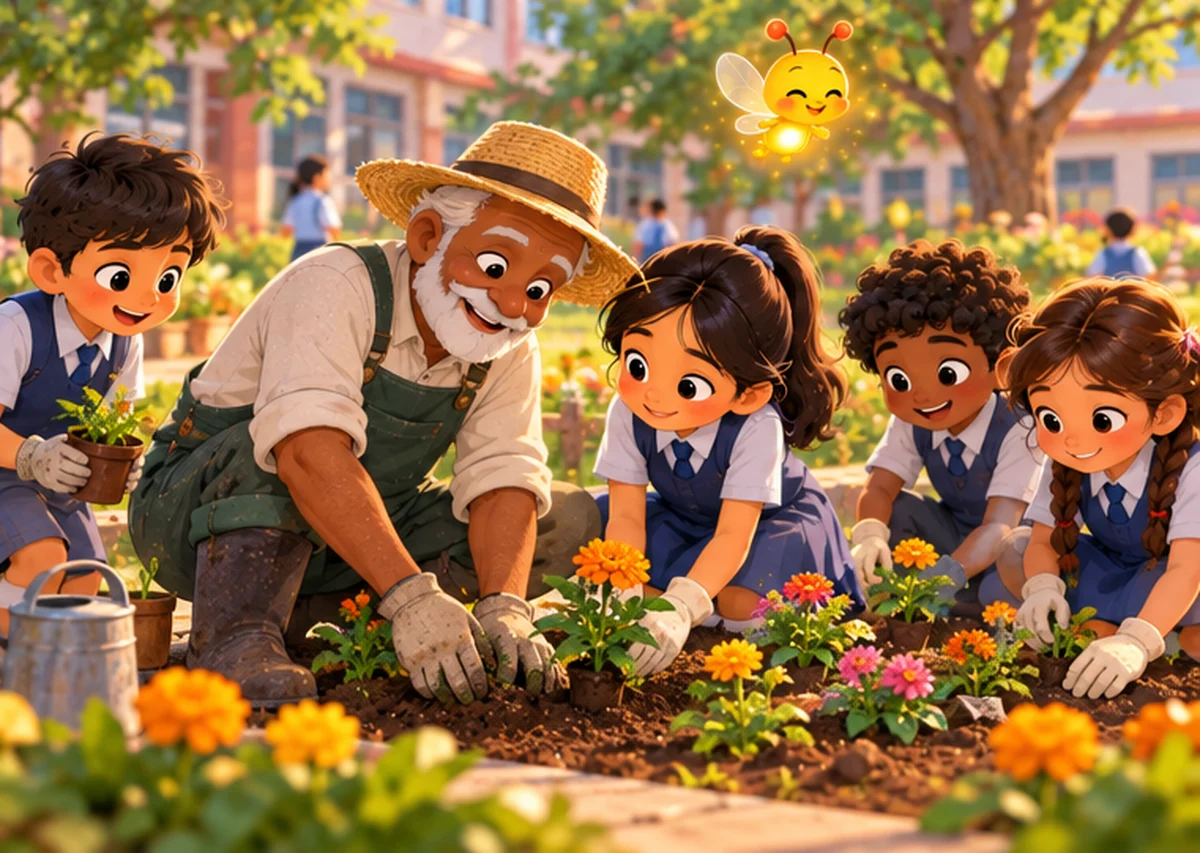 Children help Mr. Joseph plant flowers along the school path, all smiling
