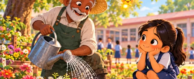 An old school gardener in a straw hat waters flowers while a curious girl watches him, with Pip the firefly glowing nearby