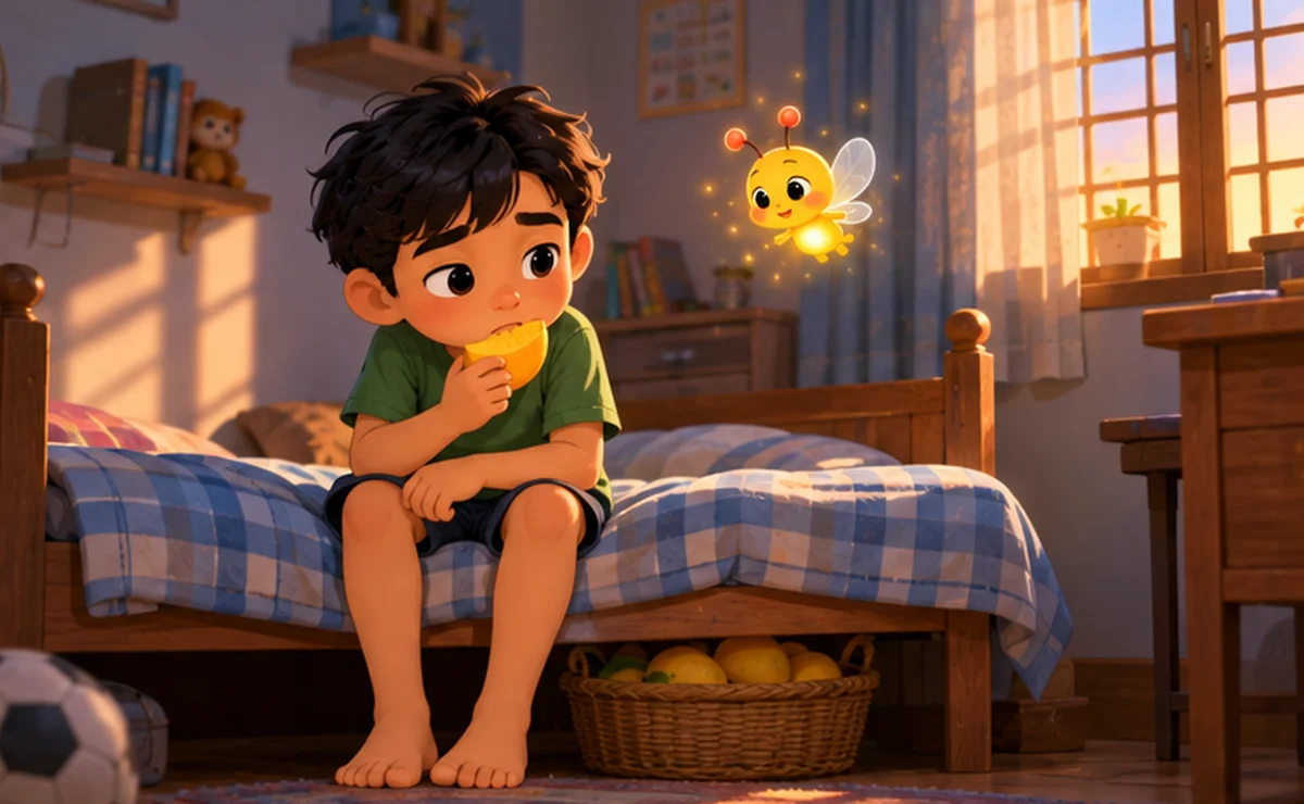 Aarav eats a mango alone in his room, with a basket of hidden mangoes beside his bed