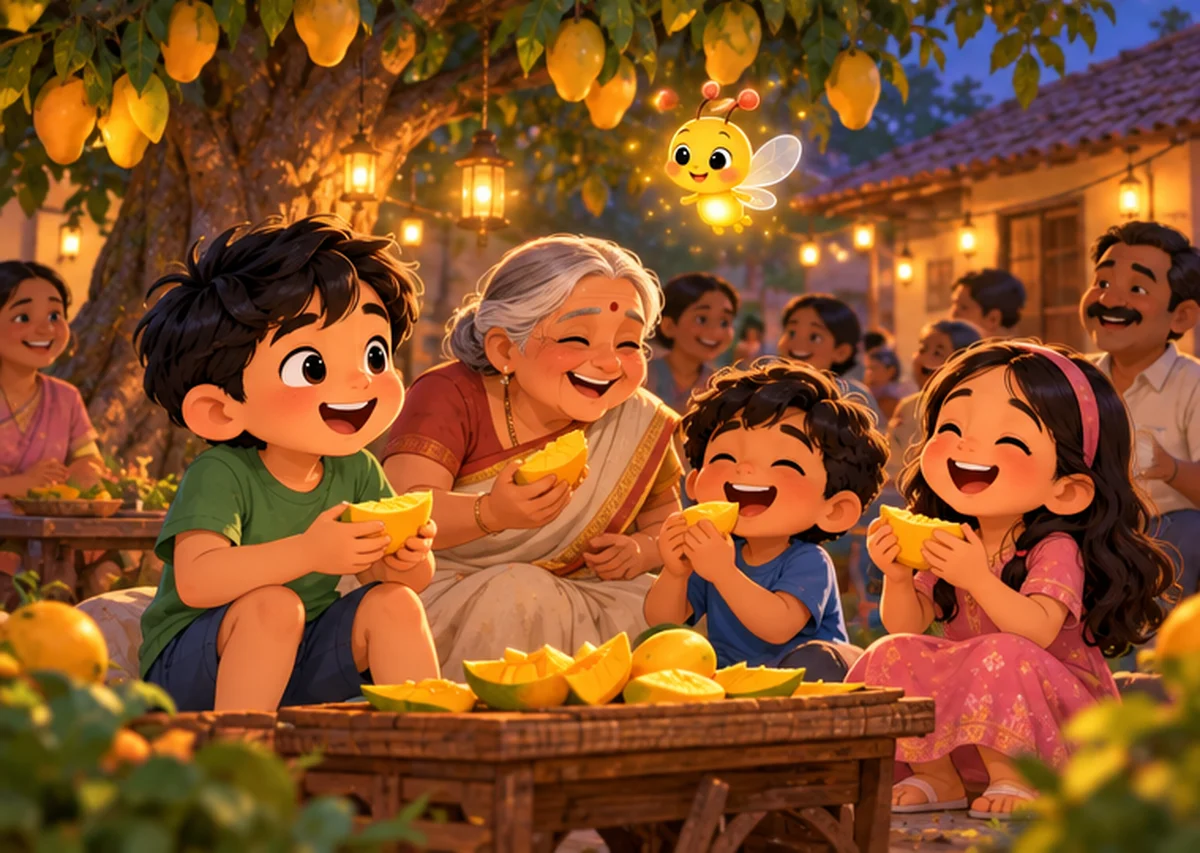 Children and neighbours sit together under the mango tree, sharing mangoes and laughing