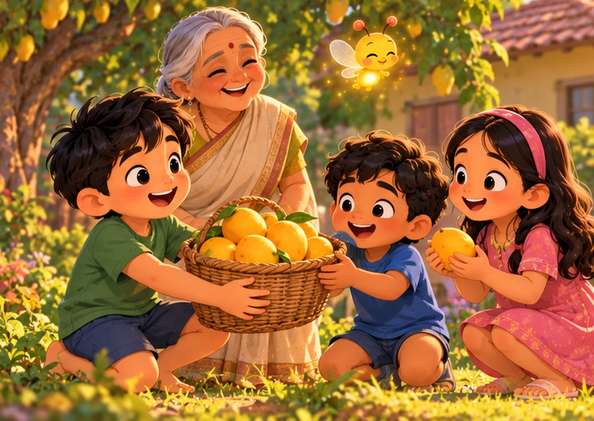 Aarav brings his hidden basket of mangoes outside and offers them to his cousins