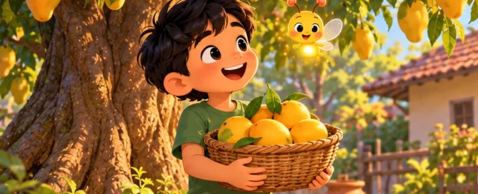 Aarav stands under a big mango tree holding a basket of ripe yellow mangoes while Pip the firefly glows among the leaves