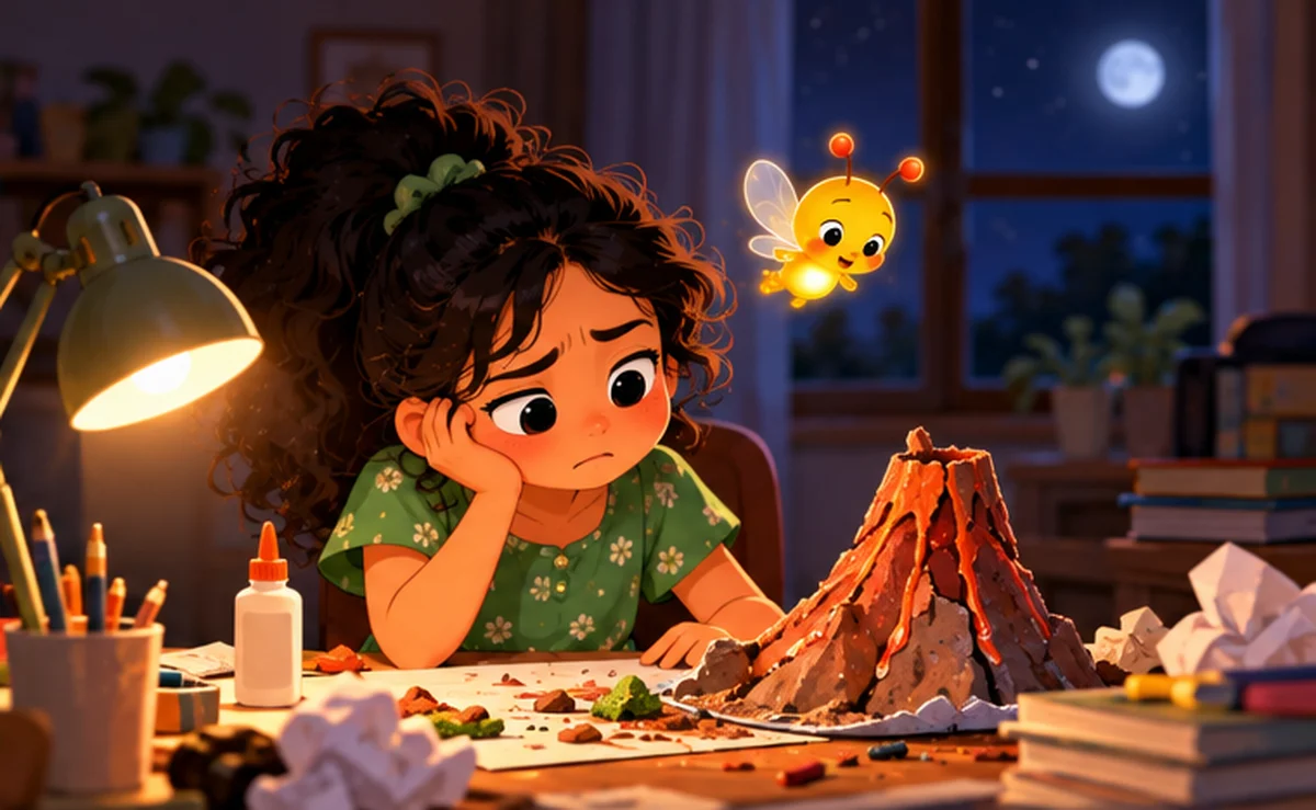 Maya works late at night on a cracked, leaning clay volcano, looking tired and worried