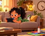 Maya, a girl in a green dress, lies on the sofa playing a game while a clock and an unfinished science project sit behind her, with Pip the firefly glowing