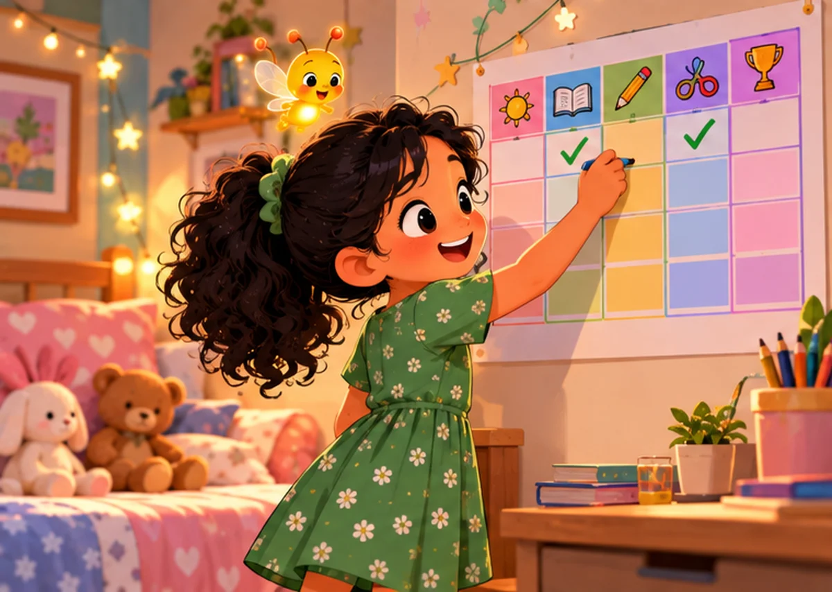 Maya ticks off a colourful weekly timetable on her bedroom wall, smiling